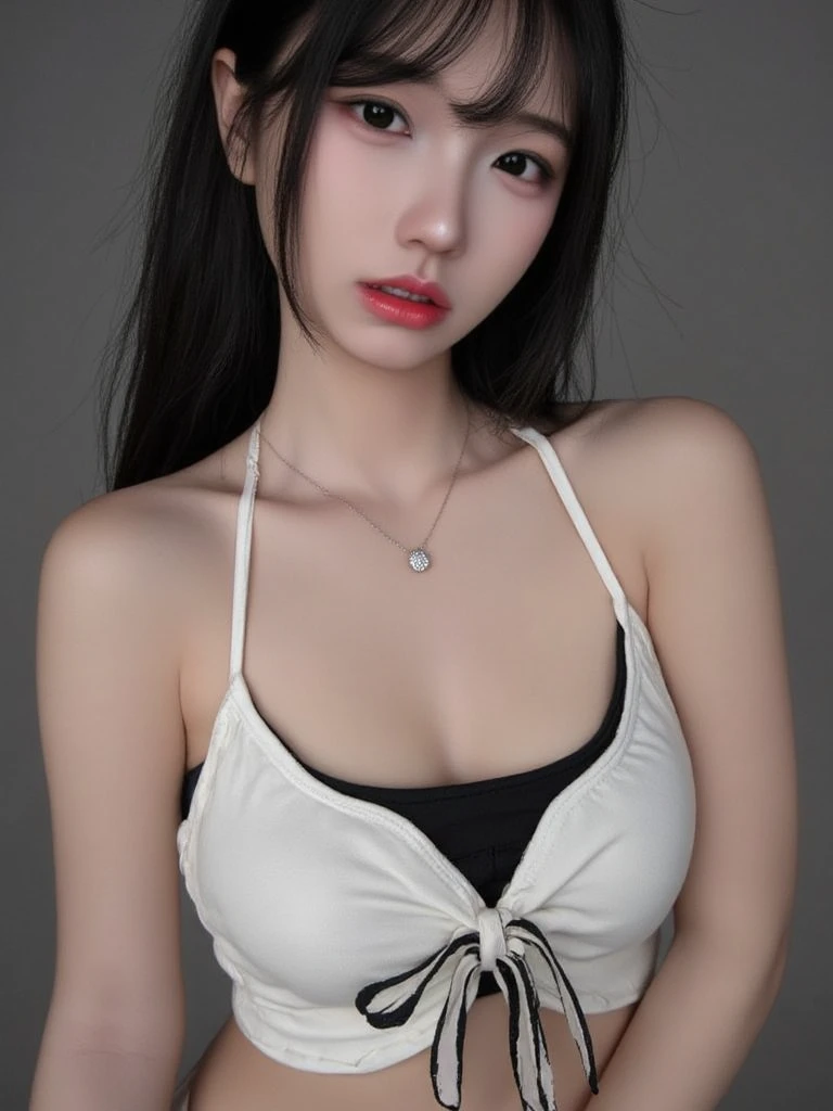 photorealistic, high resolution, 1women, mature female, solo, hips up, fairy tail, 1girl, long hair, black hair, double ponytail, white ribbon, hair over one eye, brown eyes, large breasts, collarbone, chest sarashi, bare arms, midriff, cute bikini, ((((perfect body)), black background, sexy pose, armpit)),