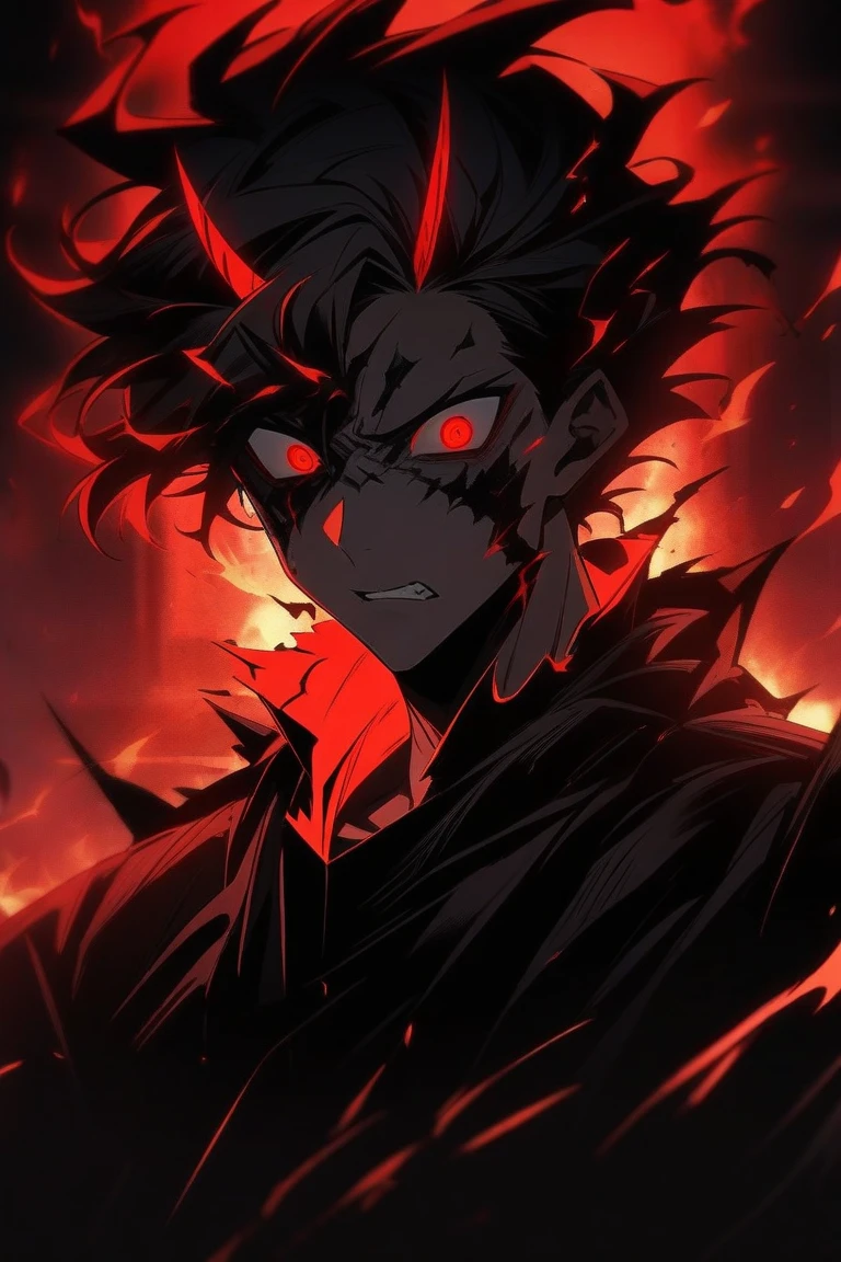 dark aura, hell, male, red eyes, bats, blood, black dark red hair, chain, spikes, experinced