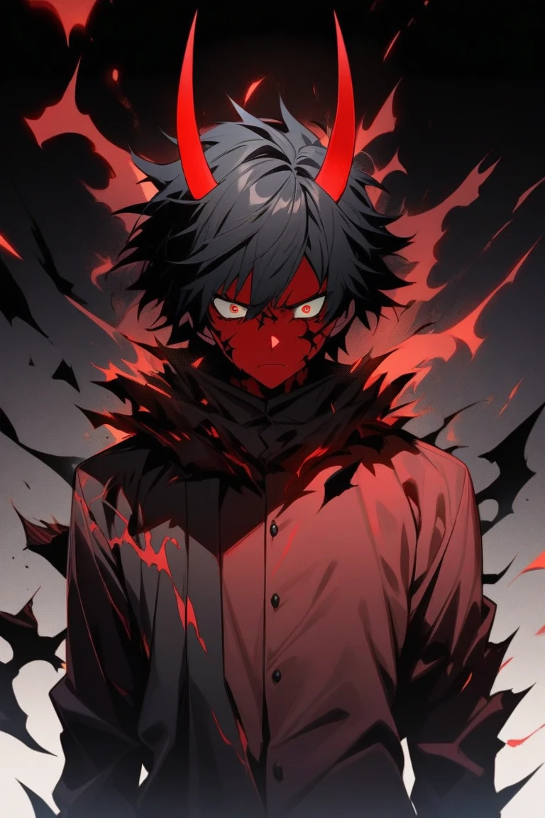A boy, 20 years old, Dark clothing, Party mask in hand, Gradient hair, ahoge, Asymmetrical hair, bangs, Black hair, hair behind ear, hair between eye, side locks, hair splayed out, Hairline, Antenna hair, devil horns, Forehead protector, mask removed, Gradient eyes, happy tears, devil pupils, Devil Eyes, Evil smile, Light smile, poison fangs, grin, fang out, Fang, skin fang, tachi-e, Cowboy shot, From the side Side, retinas, Textured skin, Anatomically correct, Anatomically correct