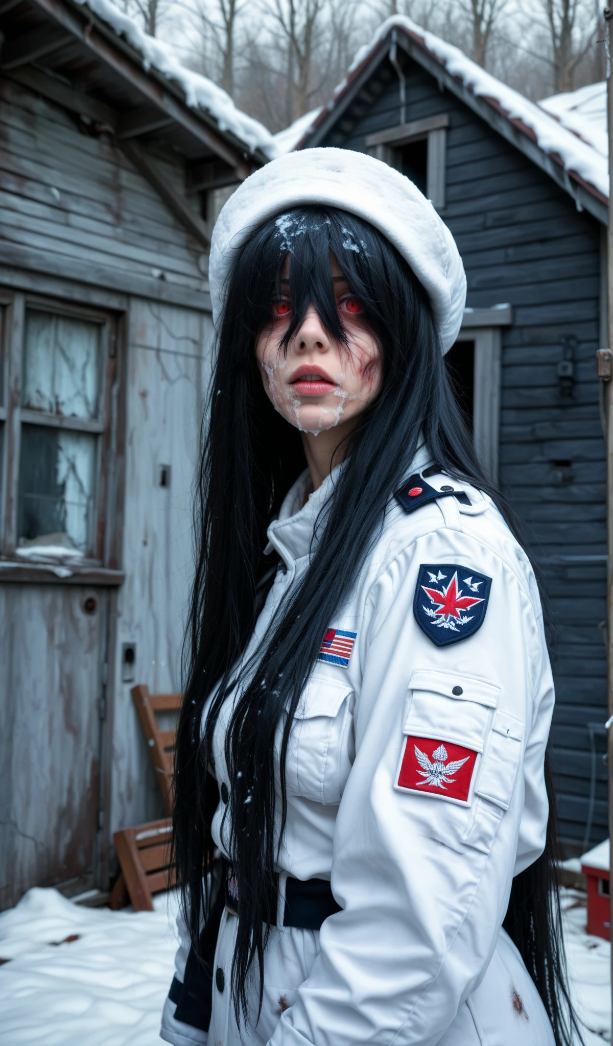 ((Female zombie))((Both eyes are completely white:1.2))((White skin, Really long legs))((Very huge))((Ragged police uniform))((Wear black高跟鞋))((Covered in blood))((Wear black))