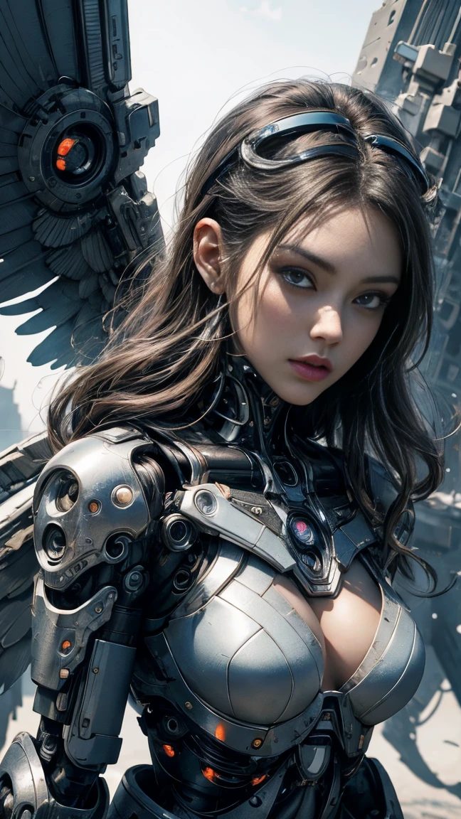 a close up of a woman in a costume with wings, detailed digital anime art, beautiful cyborg angel girl, portrait of a cyborg queen, perfect anime cyborg woman, beutiful girl cyborg, 4k detailed digital art, 4k highly detailed digital art, stunning cgsociety, detailed fantasy digital art, 2. 5 d cgi anime fantasy artwork, cyberpunk robotic elvish queen, giantess pose, viewed from the ground