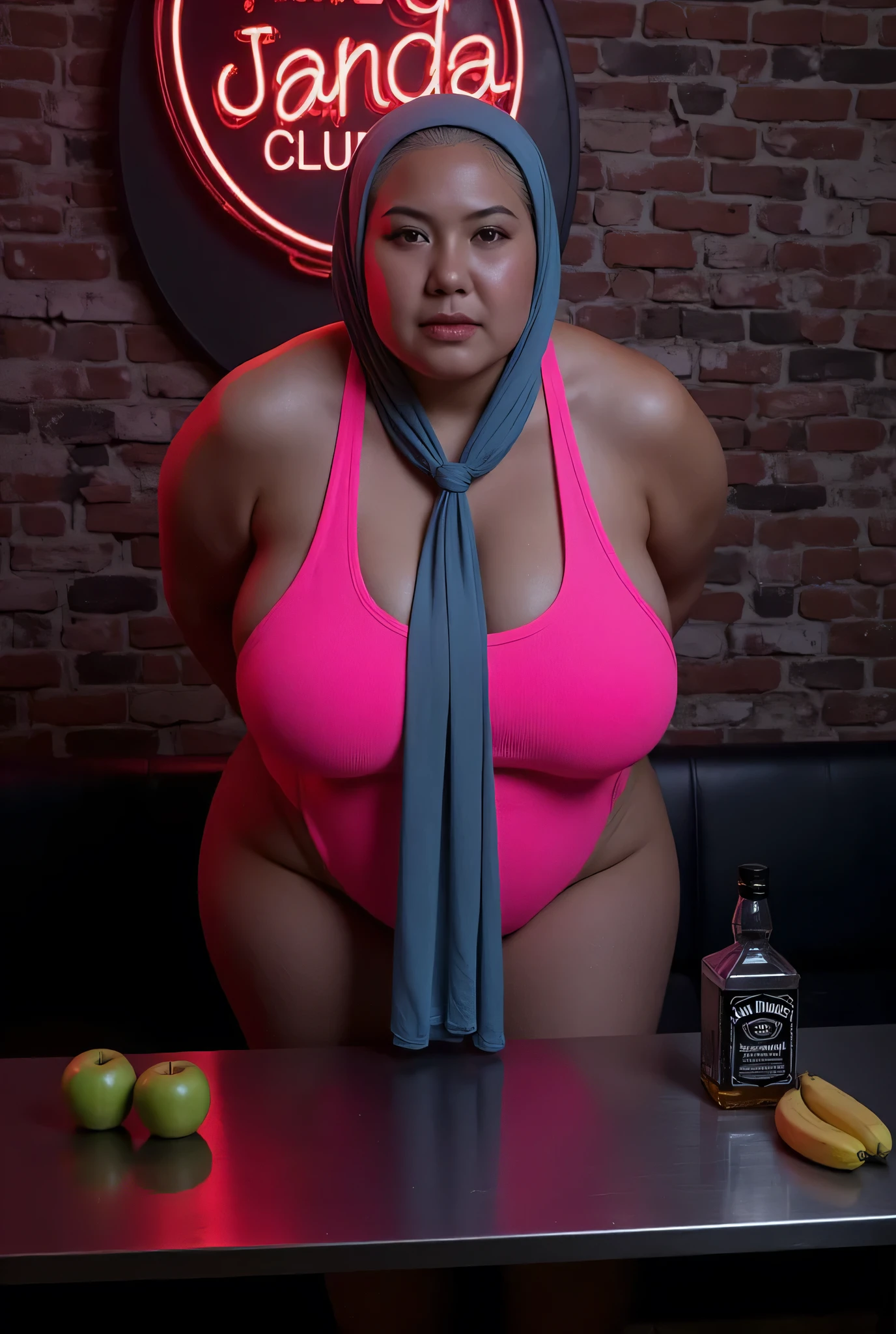 photograph of 25yo native american woman eating a hotdog at an amusement park, beautiful, gorgeous, cute, pretty, sexy, erotic, sunglasses, long eyelashes, brown eyes, long black hair, 36dd breast, big hips, big thighs, big buttocks, tattoos, pink sports bra, blue short skirt, black stockings, pink high heels, neon lights, hotdogs, concession stand, full body shot