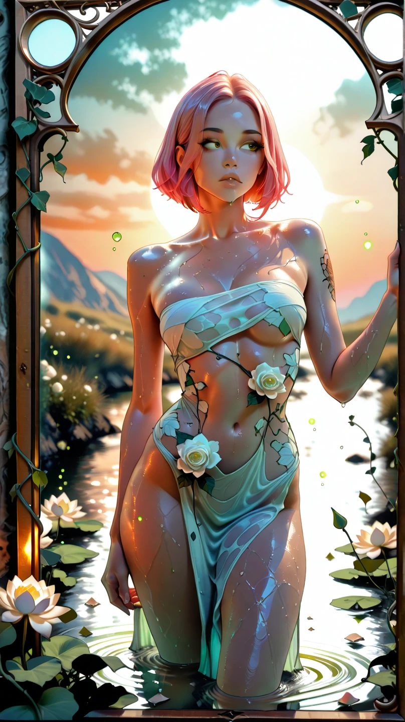 Small loli(Background with:ponds,Cherry blossom forest,lotus flower)Lie underwater, She has short pink hair,seen from the front,, mostly cloudy sky,(((tmasterpiece),(Very detailed CG unity 8K wallpaper),best qualtiy,cinmatic lighting,detailed back ground,beatiful detailed eyes,Bright pupils,Black eyes,Snow-whiteskin,Redlip(Very fine and beautiful),(Beautiful and detailed eye description),ultra - detailed,tmasterpiece,))facing at camera,A high resolution,ultra - detailed),revealing breasts,Bare genitalia, Bulge,legs are open,Raised sexy,Camel toes,Desire for dissatisfaction,frontage,(Wearing:,Transparent apron,Bare ,)