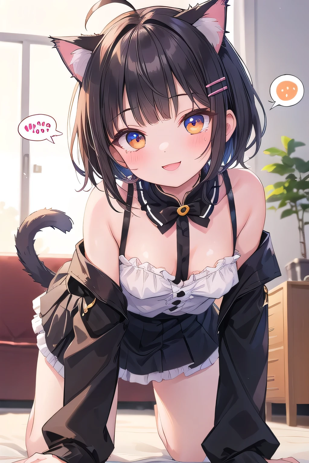 Beautiful illustration、masuter piece, (masterpiece、top-quality、8K ),intricate detailes,ultra-detailliert,softfocus、Fubuki_Kantai Collection, Black hair,Short ponytail,side locks,Low ponytail,Green eyes,Black eyes,small tits、a junior high school student, 14years、Navel Ejection、Cat's ears、tail、((((magical girl lingerie)))),Poses that fascinate a man、