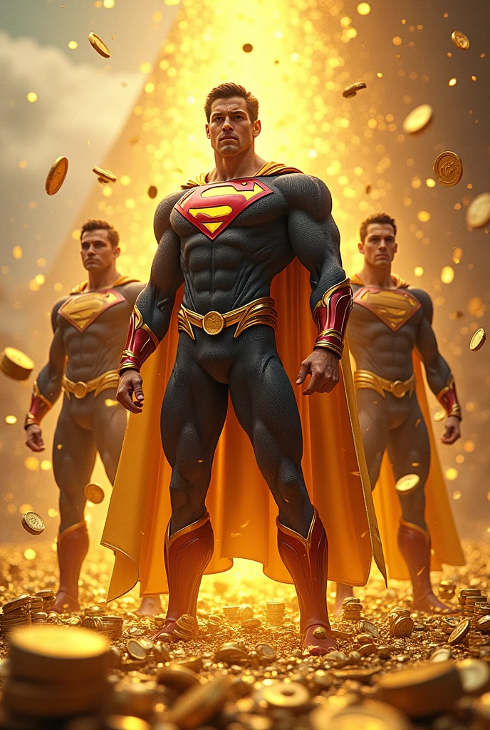 The most muscular man in the world、Billionaire with supernatural powers。Dressed as a flying Superman、Have piles of money around。