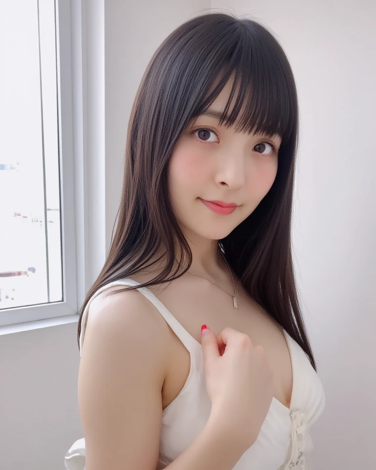 1 female　12 years old Japan&#39;cutest middle school girl　(Slim Body)　(Busty)　((highest quality)), ((masterpiece)), (get used to it), perfect face　　((Unusually long and lustrous、silky、Perfectly knowledgeable、Perfect Silky、detailed、Perfectly beautiful, extremely long, jet black hair))　Extremely long, straight, beautiful black hair　Extremely long, beautiful wavy hair　(solid bangs　The neatly trimmed bangs are princess cut and cover the entire forehead.)　White bikinies　(sitting, indian style, (show pantie))　Perfect delicate skin　The skin color is anatomically correct and beautiful.　sensual look　(narrow mouth)　Lips are bright red　Professional sexy make-up　Mascara is applied neatly　　The hair overlaps both breasts　Anatomically correct hand、foot、refer to　Put one hand to your ear　Her hair color is light brown.