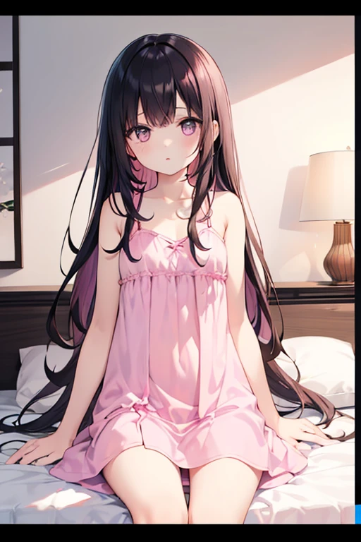 ((Highest quality)), ((2D)), (Anime Style), Perfect Face,,Beautiful Face,Long, narrow eyes,Narrow eyes,Small eyes,bed,Small breasts,Thin arms,Skinny,Lace camisole,Black Hair,Pink nipples