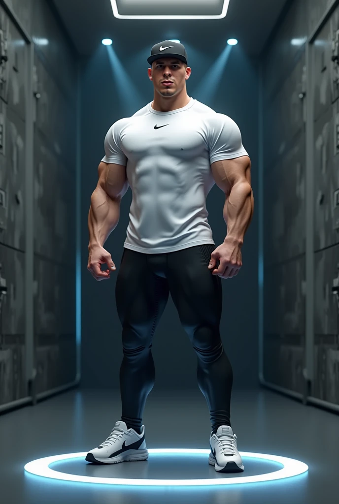 full view full body, one handsome over-muscular white young bodybuilded male with hyper-stylished undercut light-brown short haircut, with over-inflated and over-bloated shoulders, double-biceps, monstruous pecs and abs, wearing silver shiny jumpsuit and huge hi-top hyper-fashioned adidas sneakers with white oversized hyper-large white socks, silver necklaces, rings and bracelets, standing in a small shiny padded cell room
