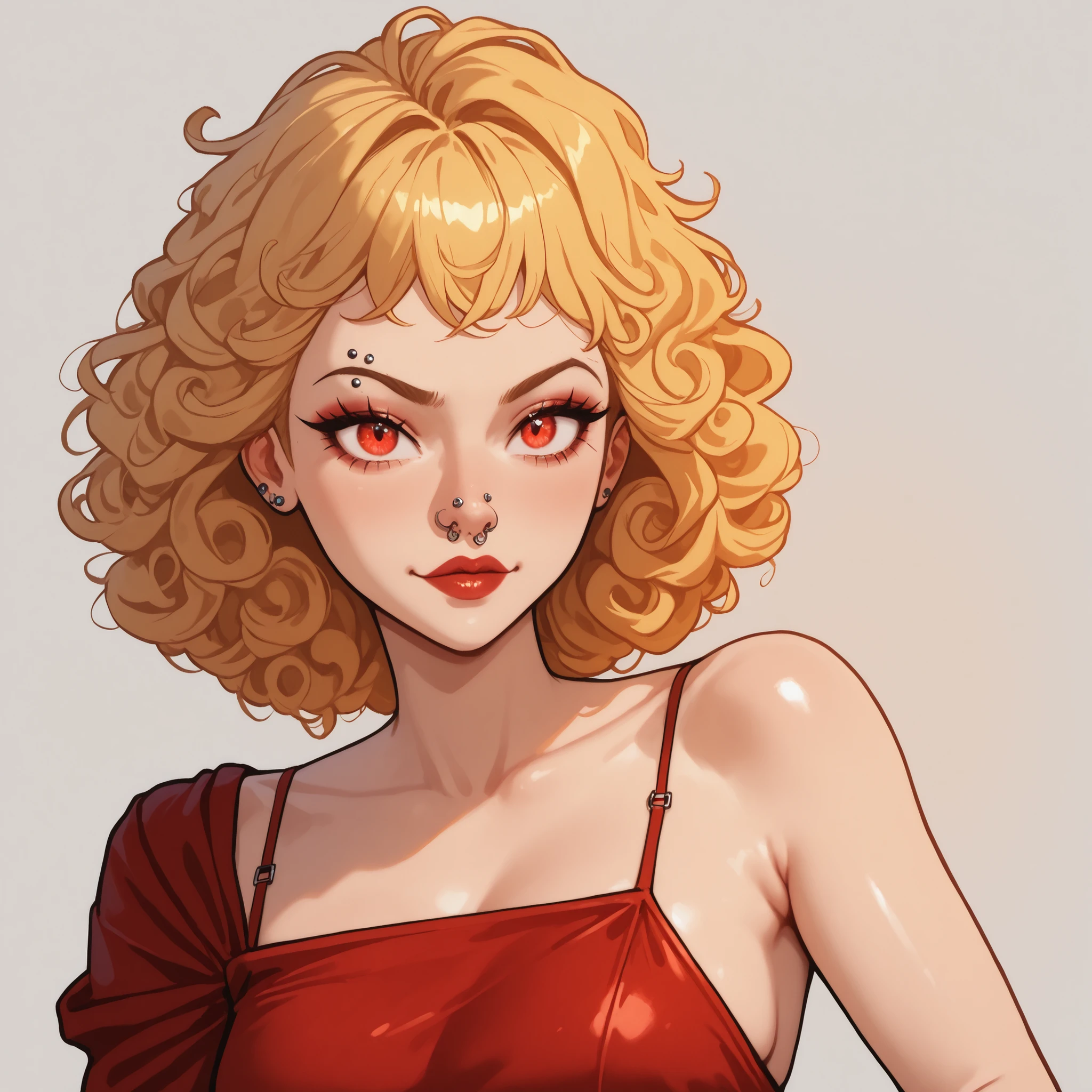 based on the artistic style of the illustrations I sent, create an art of a blonde woman, curly hair, shoulder-length cut, piercing in the nose, mouth and eyebrow, light eyes and an outfit with a burgundy red dress.