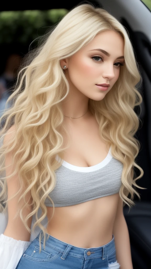 1girl in, age16, Solo, Long wavy hair, , long messy windy blonde hair, looking at camera, o-face, blonde hair, jewelry, Full body, (extremely detailed 8k wallpaper), soft lighting, high quality, film grain, Fujifilm XT3 sharp focus, f 5.6, 50mm, High Detail, Sharp focus,(natural light), (seductive), revealing, Realistic, sexy, tight white t-shirt