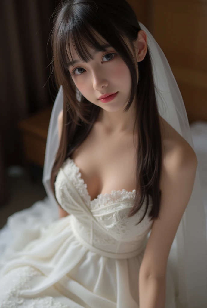 (41k4:0.7), (aika-sawaguchi:0.65), masterpiece, Best Quality, 8K, Raw photo, (wearing wedding dress:1.5), (kneeling in front of viewer:1.5), (looking up at viewer:1.6), top-notch quality, masterpiece, (exceptionally detailed RAW color photo, professional-grade photograph, (rope bondage:1.3), (wearing white lace choker:1.2), (tied up with rope), (facing viewer:1.5), (looking at viewer:1.4), (Realistic, Photorealistic:1.37), (highly detailed skin:1.2), Ultra-high resolution, (lens 50mm), (masterpiece, top-quality:1.3), (hyper realistic:1.35), (Photorealistic:1.45), (Realistic:1.4), solo, (1 pretty Japanese girl), 21 years old, Japanese idol, supermodel, pale skin, (slim:1.3), (slim body:1.25), (slender body:1.25), (narrow waist:1.25), pretty face, (large breasts:1.15), (deep cleavage:1.2), gravure idol