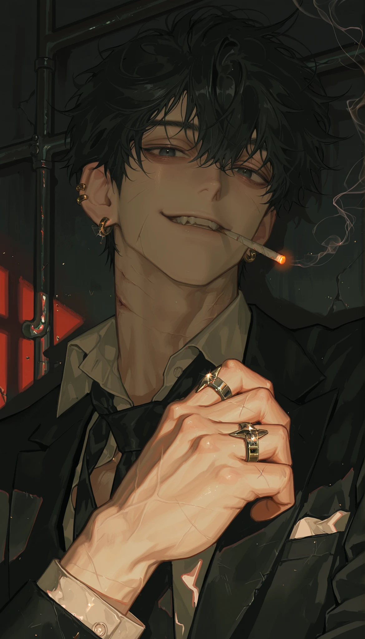 male, detailed brushwork, light-complexioned,masterpiece, best quality, very aesthetic, absurdres, safe, masterpiece, newest, absurdres, safe Solo, high detailed,male, Sexy male,Masculine male,Handsome Male,black hair, black eye, lots of earring,pierced ,handsome, kind smile, sharp eyes, bruised knuckles, smoking in the shadows, scarred face, dark lighting, gritty and raw atmosphere, the tip of the head, a black suit, look at viewer