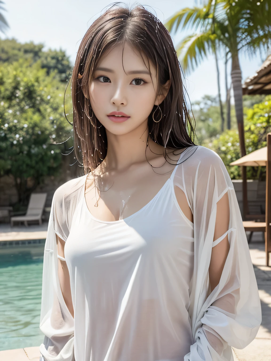 (masterpiece:1.3), (8k, Realistic, RAW Photos, Best image quality: 1.4), (Random Hairstyles:1.2)、(Highly detailed face)、Attention to detail、double eyelid、(Dark Eyes),(Sharp focus:1.2)、((whole body:1.5)),One Woman、Beautiful woman:1. 4,20-year-old woman、smile,Woman with a perfect body,Beautiful Abs,Chest-length hair、Highest quality、masterpiece、Ultra-high resolution、(Realistic:1.4)、super high quality、Symmetrical face、The face is very realistic、Photo level、8k最高画質はフル、Sebaceous reflex、The face is very realistic、Extremely realistic skin、Realistic light and shadow effects、(Pure and elegant girl),Professional Lighting、((Swayback stance)),Beautiful thighs,(Sexy pose,Seductive pose),Recurve your hips back,Bend your waist,((Beach at night)),Accentuate your cleavage,(Wet body,My body is wet,Soaking wet),((Underarm)),(((Bra Top,See-through shirt,Shorts))),((Evening City,outside))