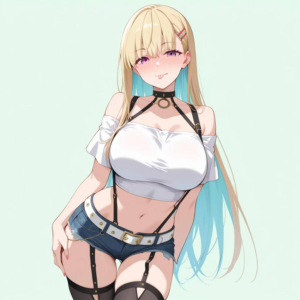 (horse:1.3), Pants, Cowboy Shot, 1girl in, Blonde hair, Long hair, Green eyes, Solo, Ahoge,Midriff, long boots, Smile, Navel,Belt bag, cleavage, BREAK,