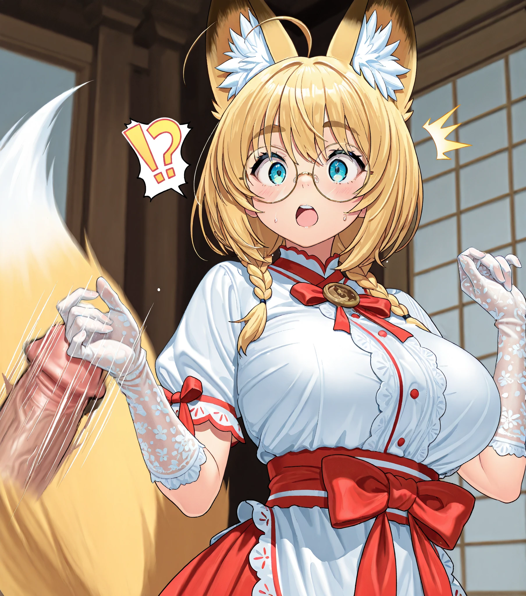 score_9, score_8_up, score_7_up, source_anime, 1girl, orange hair, orange eyes, low ponytail, cat ears, small breasts, eyeglasses, micro bikini maid, headdress, blouse, skirt, apron, areola, (anxious:0.6), fellatio, handjob, gangbang, bukkake, cum in mouth, fat man, penis, pov, from above, private room, mansion,