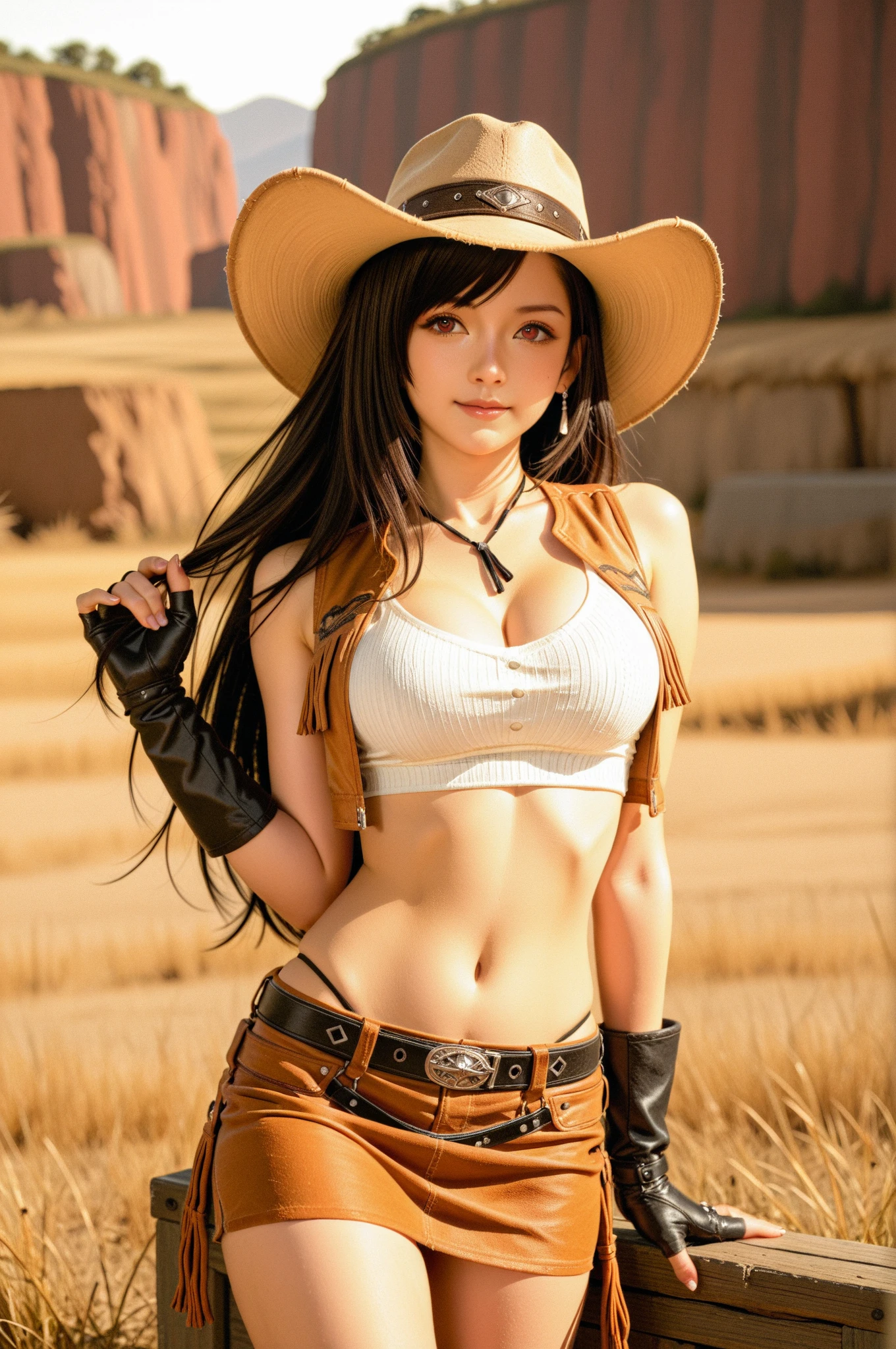 a close up of a woman wearing a cowboy hat and jeans, cowgirl sexy bra, (sexy figure), cowgirl, western cowgirl, cow-girl, with straw hat, beautiful alluring anime woman, photorealistic, big-medium breast, sexy waist, beautiful cowboy witch, female cowgirl, very sexy outfit, sexy girl, seductive girl, guweiz masterpiece, (sexy look) (masterpiece), (best quality), (8k), (highly detailed)