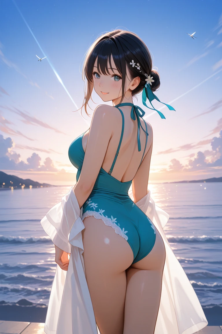 arafed asian woman in a blue bra and panties posing on a balcony, bright blue shiny lingerie, realistic sensual gravure idol, japanese goddess, photorealistic perfect body, sophisticated gravure idol, realistic young gravure idol, with glowing blue lights, japanese model, shiny plastic bikini, beautiful asian girl, translucent body, beautiful sexy woman photo, sexy girlBREAK, ((back view:1.2)),(from below:1.2))