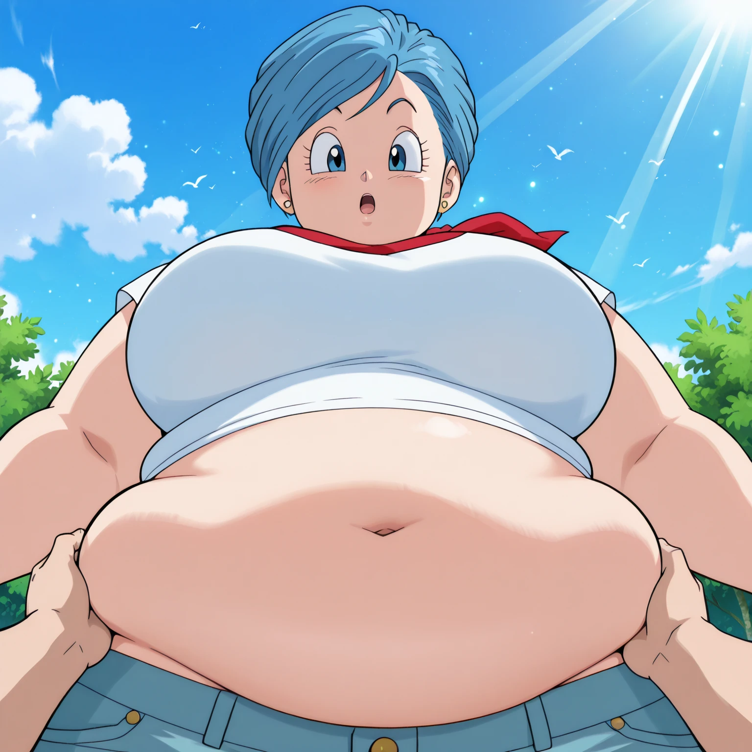 anime screencap, masterpiece, best quality, amazing quality, very aesthetic, absurdres, newest, (scenery, volumetric lighting), dappled sunlight, light particles, light rays, official style,
bulma, super, very short hair, side swept hair, blue eyes, blue hair, huge hips, plump body, huge thighs, chubby, belly, top angle, showing breasts, white crop top, upper body, stud earrings, red neckerchiefbulma, super, shirt and jeans outfit, official style, anime screencap, 1girl, solo, breasts, very short hair, bird pov
, day, blue sky, cloud, Massive gut, plump flabby belly, standing, looking at viewer, wide hips, gigantic belly, bottom heavy, bottom angle, slight cellulite, fat, fupa, arm grabbing gut, love handles, belly exposed, belly getting grabbed, open mouth, surprised look, belly outside of shirt
