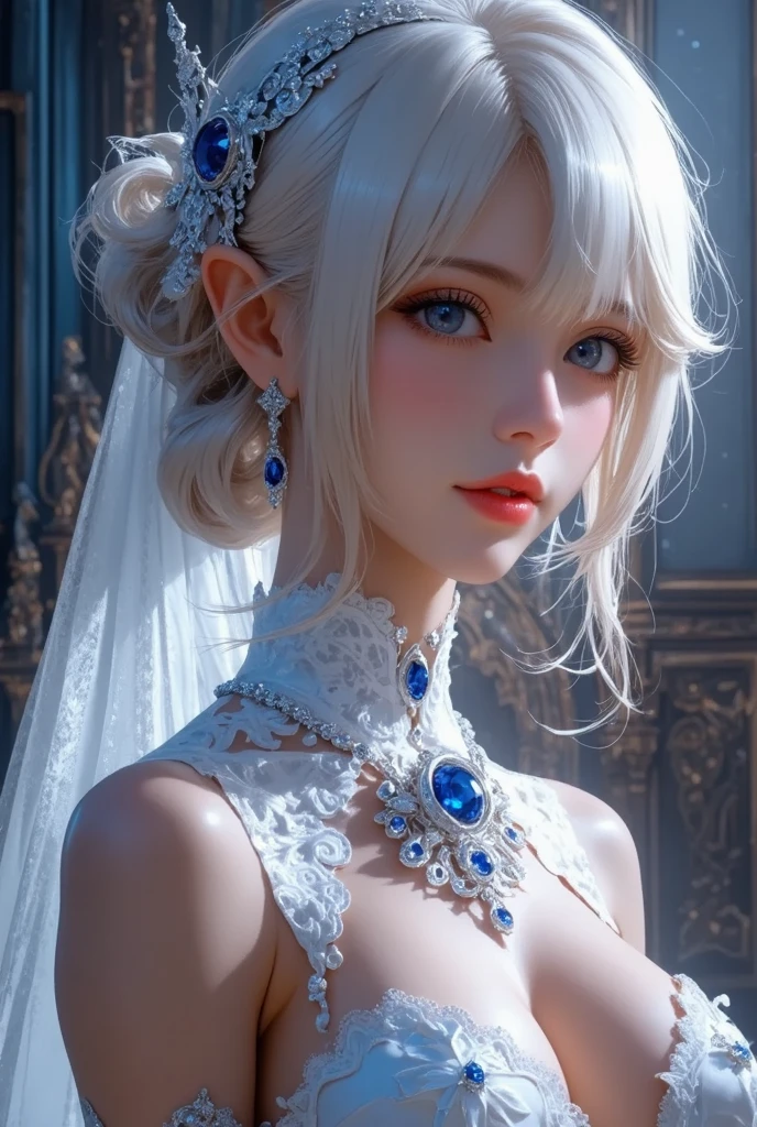 28 years old, Close-up portrait of a woman in a colorful clown costume、Shoulders out、thin、Serious expression、Short-haired、Deadly position, Gorgeous Necklace, Light milky porcelain skin, Smooth, Translucent white skin, Enchanting anime girl, Beautiful and seductive anime woman, Ultra realistic sweet bunny girl, Pale porcelain white skin, Smooth, Realistic and perfect body, Anime Girl Cosplay, Perfect body with realistic shadows, Switzerland&#39;masterpiece