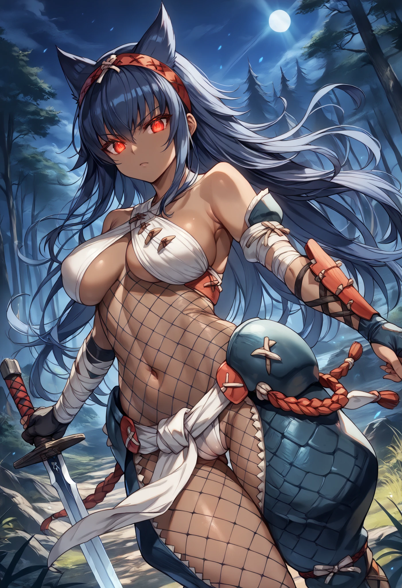 sensual, thick thighs, 8k, 4k, highest quality, High resolution:1.2), cute anime face, noise reduction, ((shining blue eyes, gentle smile, kind eyes))、toned abdominal muscles, muscular arms, muscular legs, young face, anime eyes, (((big breasts、A chest that is about to burst)))、(((narga equipment)))、monster hunter、Nargacuga