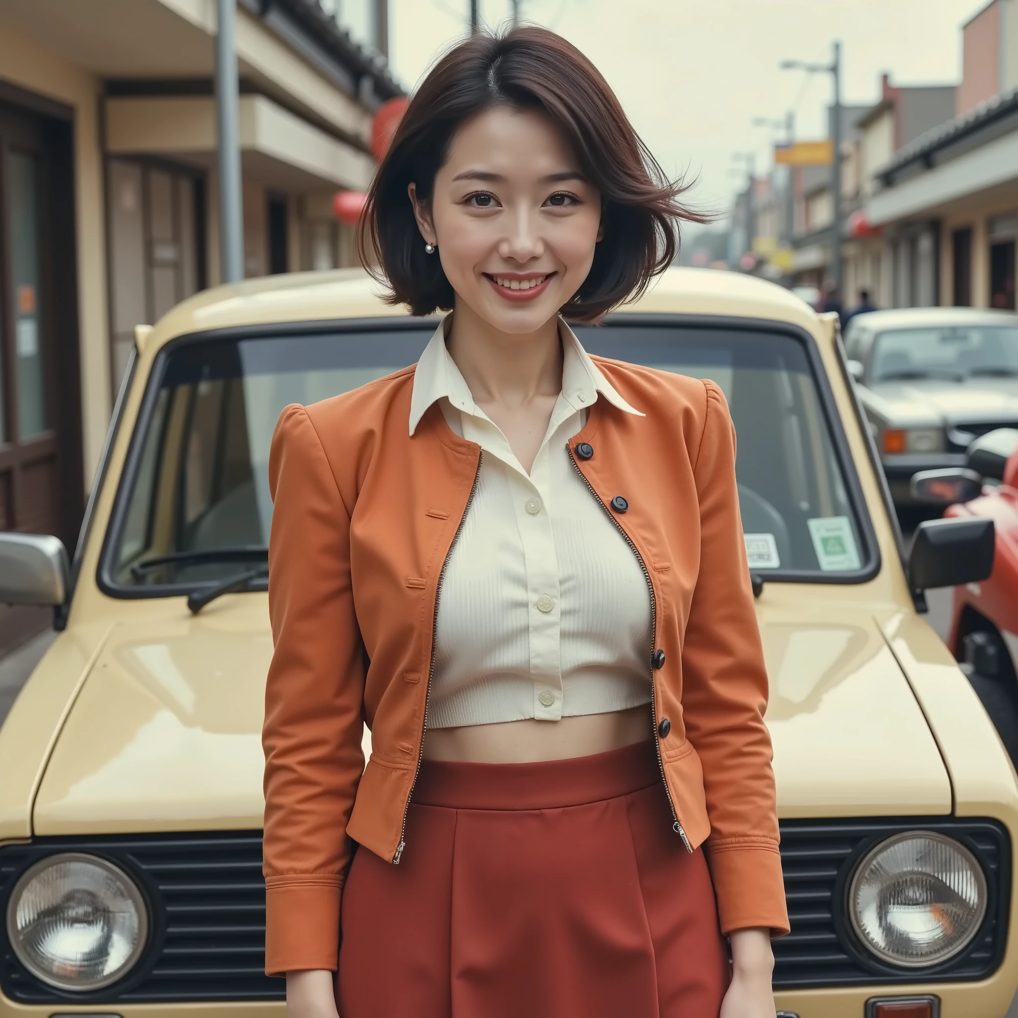 asian woman with curly ginger hair in s1999unf uniform,yellow left sleeve,on a street<lora:S1999_V2flex-000004:0.8>