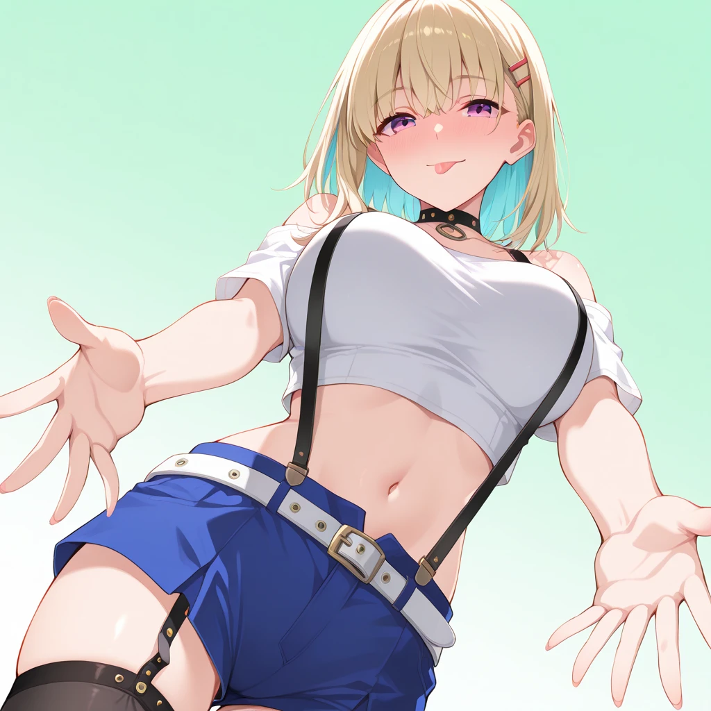 NSFW,thighhighs, blonde medium hair,blue inner hair,black suspenders, solo, garter_straps, purple_eyes, 1girl,hairclip, blue shorts, black_legwear,looking_at_viewer, full-face_blush,white_shirt, crop_top,short_sleeves, off-shoulder_shirt,white belt, midriff, navel, seductivesmile,bangs, eyebrows_visible_through_hair, bare_shoulders, tongue_out, suspender_shorts,black_choker, sidelocks, o-ring, large breasts, Simple green background, {{{very aesthetic, best quality, intricate, extremely detailed CG, masterpiece,highest quality,high resolution, hyper-detailed, amazing quality, excellent,ultra-high resolution,hi-vision anime,parfect anatomy,well-proportioned eyes}}},reaching out,from below,