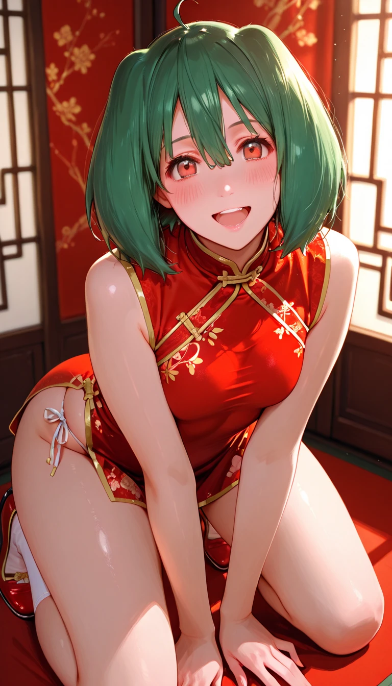 1 girl, cute, young, green hair, bob haircut, green eyes, Chinese clothes, thigh high, {{{{{{{{excessive cum}}}}}}}}, bukkake,