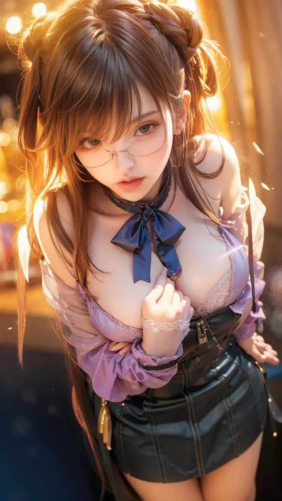 8k、RAW photography、top quality、masterpiece:1.2)、(real、photoRealstic:1.37)、、a girl in、China -、25 years old、female、a girl wearing a pink shirt and pants torn thigh (deep in the night)、candle、、(crude oil refinery) (waste oil factory scene) (waste oil stuck around), 、(disgusting and scary oil refinery), face lights, radiation, purple hair with a pink tint at the ends, long butterfly braid, leaf crown on head, detailed face, detailed lips, detailed eyes, glasses, excess skin 、(shirt with all the buttons undone, revealing white tight chest crop top inside, the tight crop top was so tight that it tore) - (chest covered with strange green mixed with black solution, disgusting solution disgusting)、(short shorts are a little torn, shorts are soaked due to )、(no camisole)、 Glistening cleavage, (heart tattoo on chest), off shoulder, off thigh, arc shaped thighs, (camel toe), perfect body, shiny skin, (Body odor: 1, 2), smug angular face, ((sitting)), Eye contact with camera, Blur lens for background camera, depth of field, 35m, super detailed, super quality, absolutely perfect 、、 ((Retro style photography)),hands in front of chest ,((NSFW 1:1)) ,((Classic filter 1:1) )