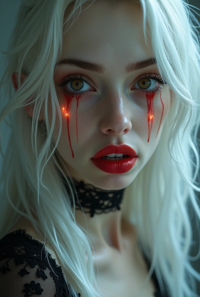 A close-up of a young girl around 19-20 years old with long white hair. Her bangs partially cover one of her eyes, giving her a mysterious look. She has red lips and striking red eyes, with tears of blood streaming down her cheeks. She is wearing headphones, and the image is focused on her face, capturing the eerie and emotional expression. The overall atmosphere is dark and slightly surreal, emphasizing the contrast between her pale skin, white hair, and the vivid red elements.