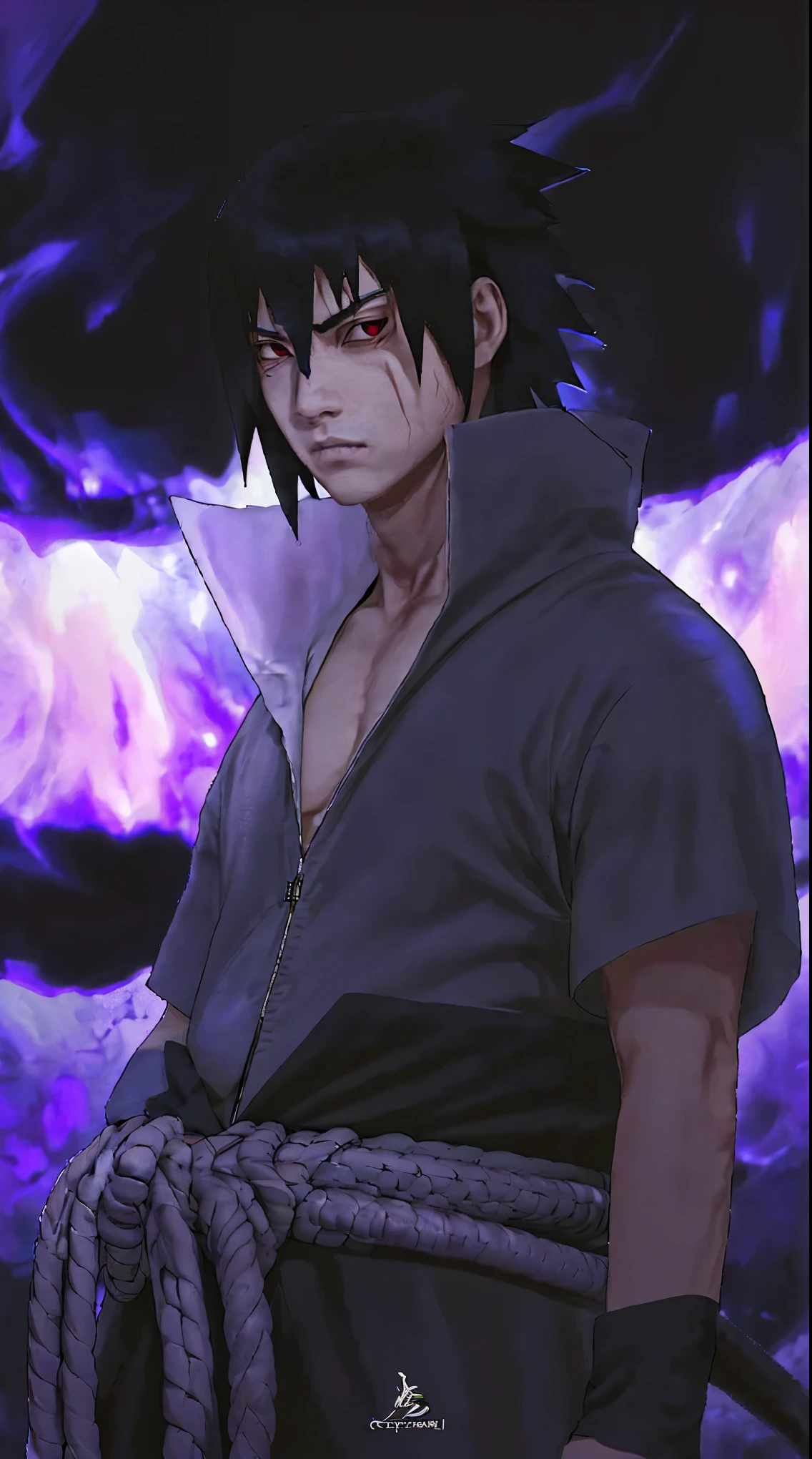 A hyper-realistic portrait of a dark-haired young warrior inspired by Sasuke Uchiha. He has sharp facial features, pale skin, intense glowing red eyes with a Mangekyō Sharingan pattern. His black spiky hair falls slightly over his eyes. He wears a dark, open-chest samurai-style battle robe with a large rope belt tied around his waist and a sword on his back. A purple glowing aura with ethereal, swirling energy surrounds him in the background. His expression is serious and slightly menacing. The lighting is dark and dramatic with a violet hue. Highly detailed, realistic textures, cinematic shading, 4K vertical resolution.