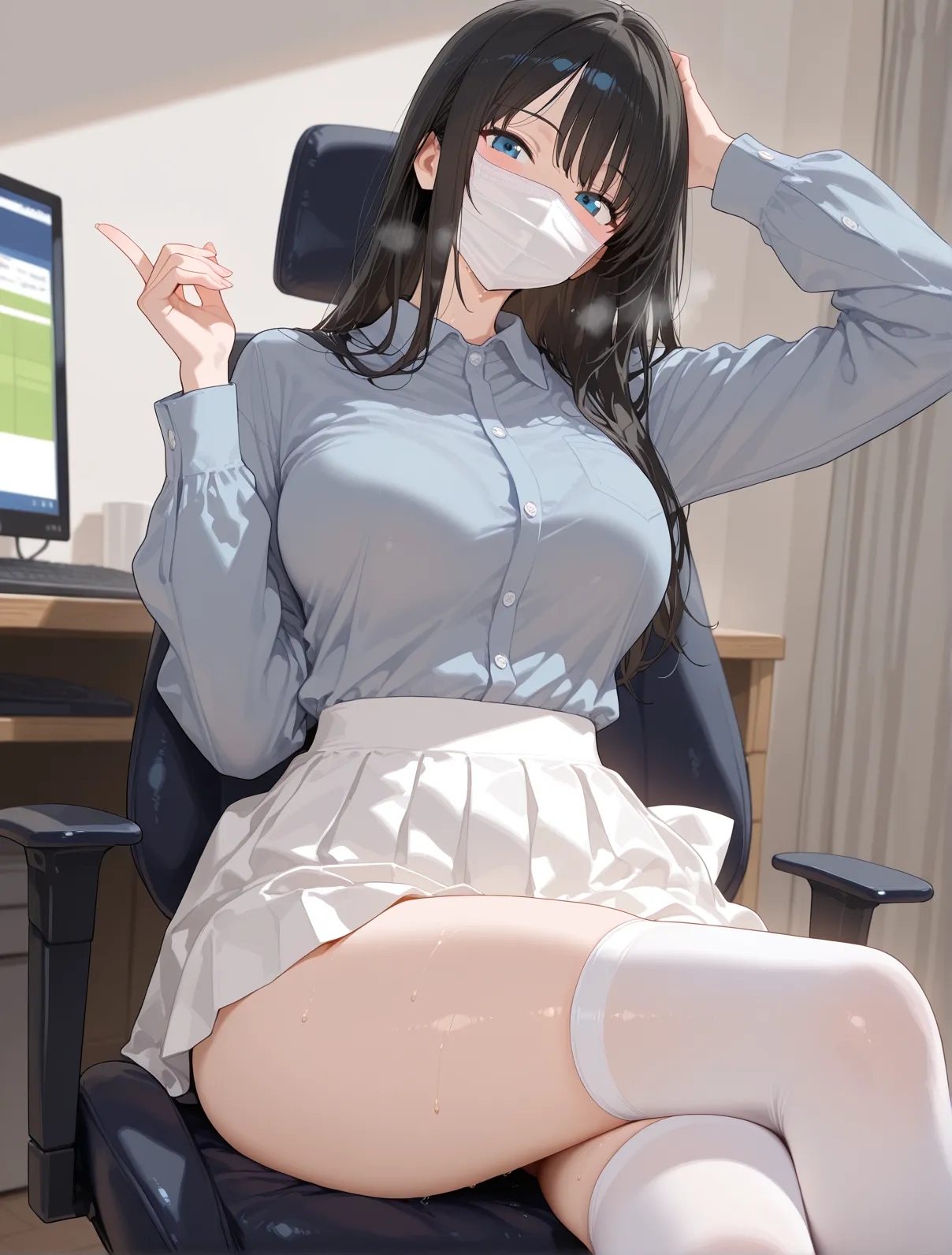One Girl, alone, ((White shirt)), Black knee socks, With pride, Cleavage,Black panties,Show off your panties to your audience,Spread your legs wide,脚をSpread your legs,I can see your pants,Spread your legs and show me your panties,Her shirt was turned up、Bra is visible,Spread your legs,Black bra,Big Ass,Large Breasts,Low - Angle,Chair下からのアングル,Black pantyhose、 Cowboy Shot,uniform, officeの背景, Black Skirt, Pleated skirt, Very short skirt,pantyhose,office,E Cup, Look at the viewers, alone, Thighs ((masterpiece)), sit, Chair, desk work, Computer on the desk, Name tag, ID Day, in house, blush, Sexy pose