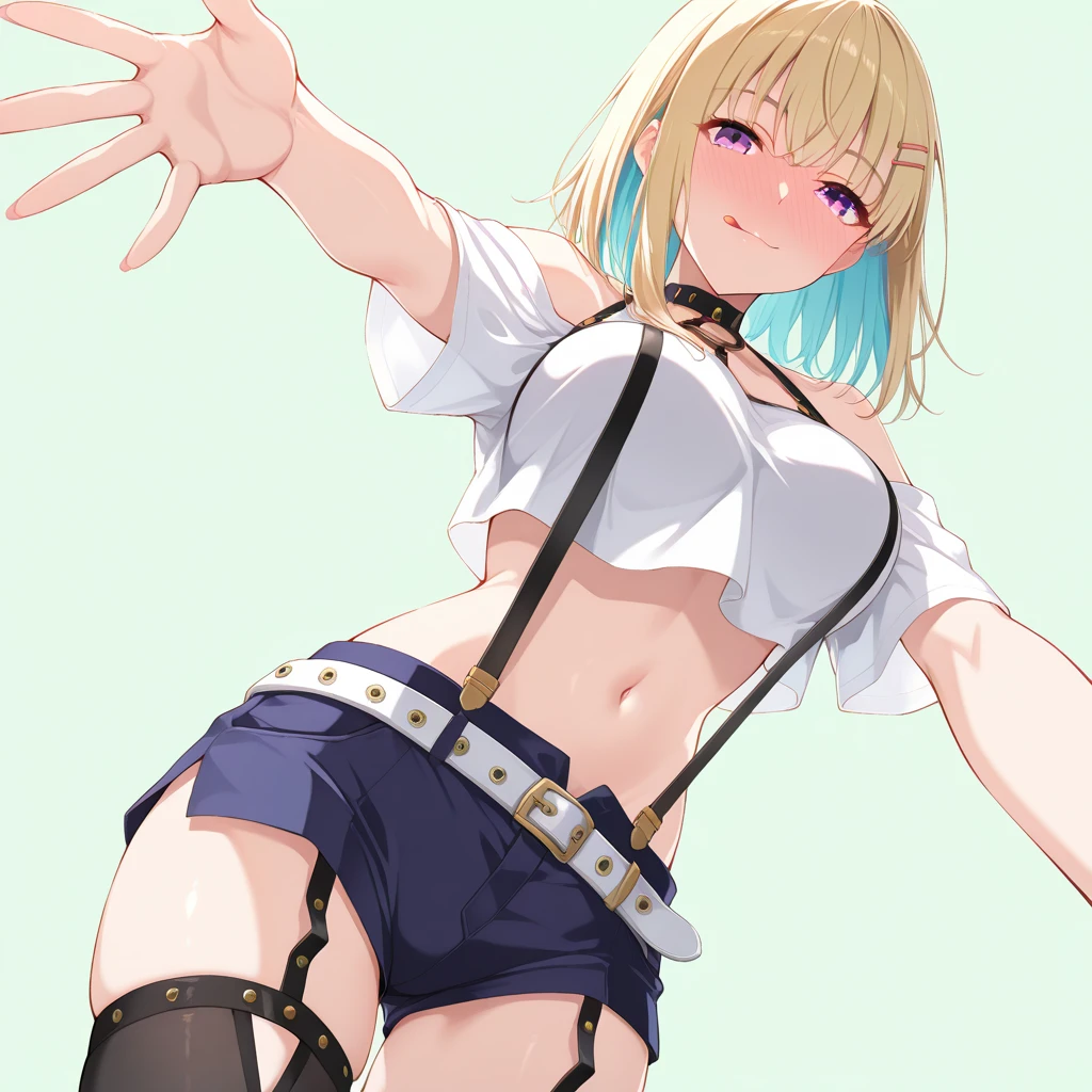 NSFW, 1girl,solo, thighhighs, blonde medium hair,blue inner hair,black suspenders,garter_straps, purple_eyes, hairclip,dark blue shorts, black_legwear,looking_at_viewer, full-face_blush,white_shirt, crop_top,short_sleeves, off-shoulder_shirt,white belt, midriff, navel, seductivesmile,bangs, eyebrows_visible_through_hair, bare_shoulders, tongue_out, suspender_shorts,black_choker, sidelocks, o-ring, large breasts, Simple green background, {{{very aesthetic, best quality, intricate, extremely detailed CG, masterpiece,highest quality,high resolution, hyper-detailed, amazing quality, excellent,ultra-high resolution,hi-vision anime,parfect anatomy,well-proportioned eyes}}},reaching out,from below,