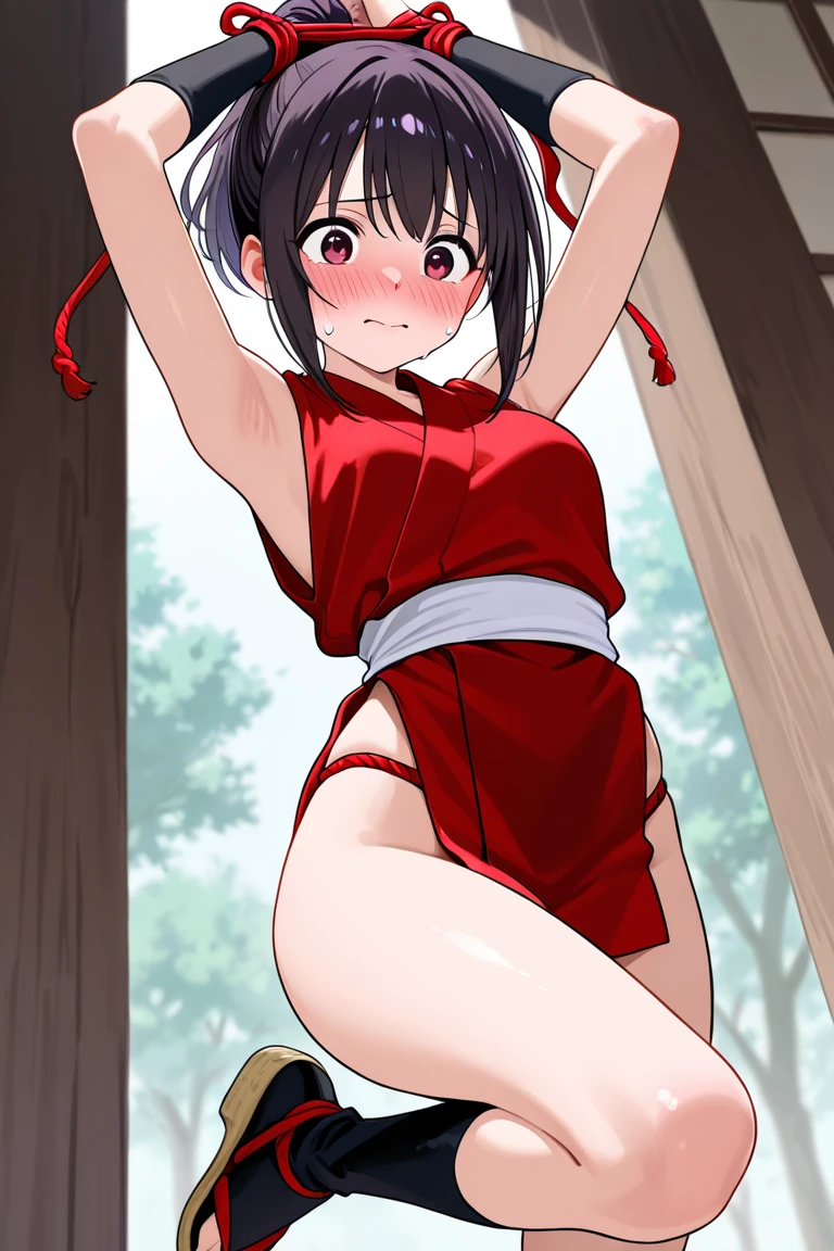(((Stretch your arms straight up and show your armpits、Crouching with legs apart)))(((White panties、Thick pubic hair)))(((Angry face、Glare)))(((Small breasts、Exposing breasts、No bra)))1 Female，(((to wash,White Dress,Red neck ribbon,Black Hair,short hair, White shirt,Red suspender skirt,Red Skirt, Under the skirt, Panty shot,))) Detailed legs 、（masterpiece： 1.3） Detailed fingers， Beautiful Hands，  1 Female， Highly detailed face， Detailed lips， Fine grain， double eyelid， Visible curves，Whole body 1:1，(((NSFW、Naughty pictures)))