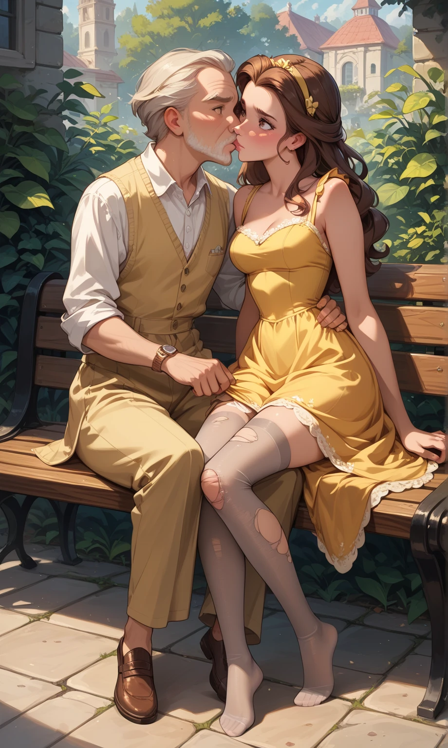Two characters. Cute ginger hair and green eyes anime woman peeing her panties on the legs of a cute brown hair and brown eyes anime man. Lot of yellow pee is running down her legs and soaking the legs of the man. The man is under the woman. The legs of the man are wet of pee. The woman is peeing on herself and the pee wets the legs of the man. More pee on the ground. More pee on the legs of the man