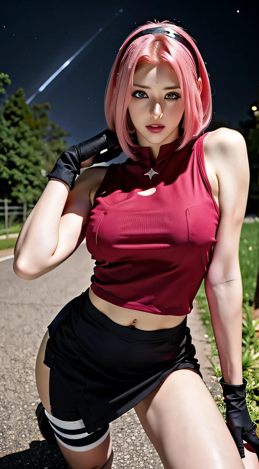(raw photo:1.2, photorealistic, masterpiece, best quality, extremely detailed 8K, highres, 1girl, super model body, very slim body, thin, tall, super model body, ultra-detailed CG, high detailed, solo, intricate details, chromatic aberration), haruno sakura, naruto shippuuden, parted bangs, (short hair, pink hair, floating hair, navel), red shirt, sleeveless shirt, black short skirt, black gloves, breasts, elbow sleeve, forehead protector, foreshortening, green eyes, hair intakes, hairband, ninja, (allure, oval face, perfect symmetrical body), shiny skin, (night scene, romantic sakura tree:1.2, wind, starry sky, sakura field), kneel, arm up, bloom, sexy pose, look at viewer,