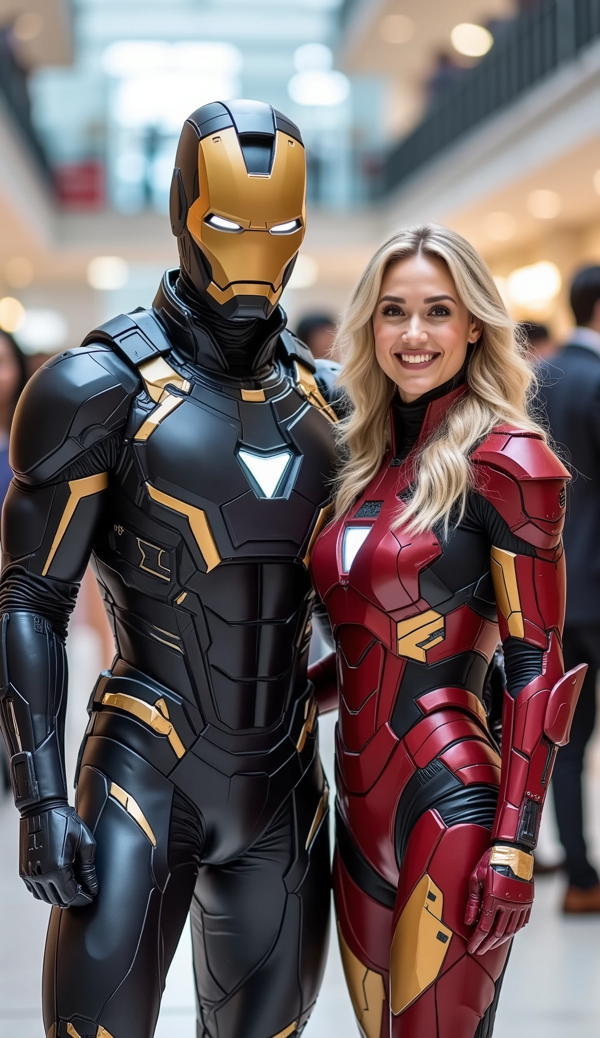 character: 1 man with mask full head Wearing futuristic ironman body suit , and 1 woman blonde hair Wearing futuristic Ironman body suit. Their facial skin is clean and white..
action: standing. They look at the camera.
Expression : smiling.
Background : A bright indoor public space , with people vaguely seen in the distance, shows that this picture was taken at a fun event or get-together, fashion style Costume. They radiate happiness as they stand confidently in their costumes. full body view.