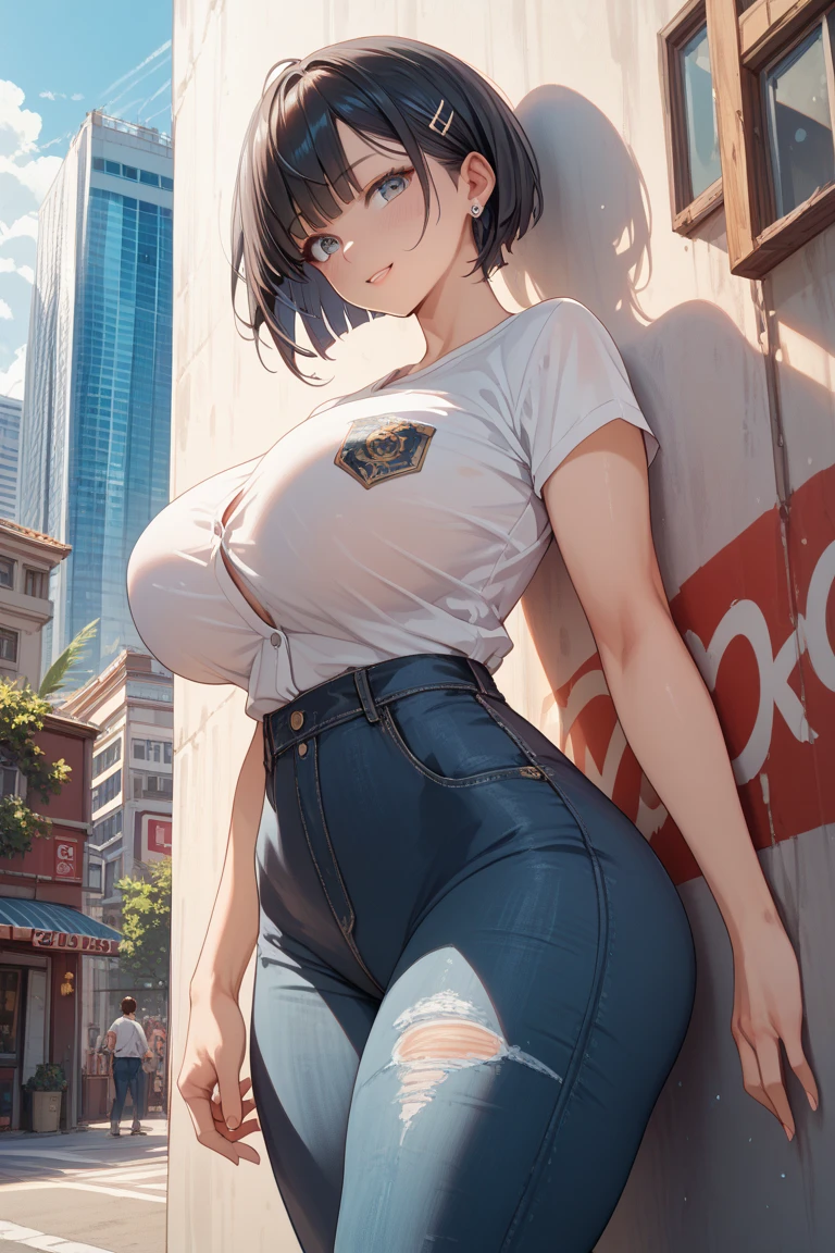 score_9, score_8_up, score_7_up, masterpiece, best quality, 1girl, sayaka kirasaka, source_anime, , standing, outdoors, posing, city, peace sign, arched back, large breasts