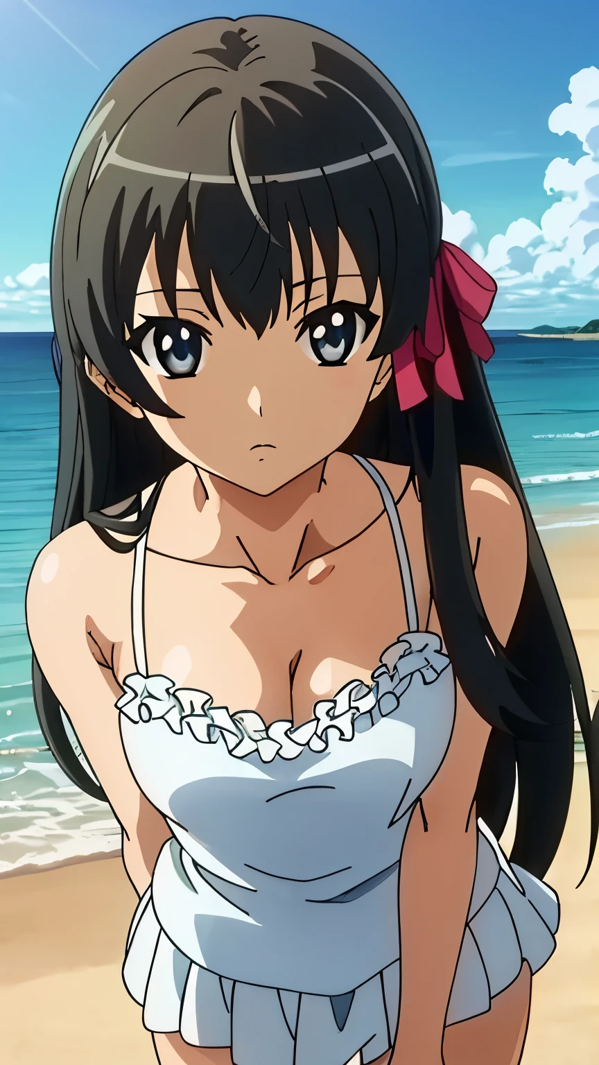 (masterpiece, best quality), high resolution, 8k:1.2), (anime coloring:1.2), highly detailed, beautiful eyes, perfect eyes, fine eyes, brown eyes, featuring big highlights, detailed face, highly detailed, fine eyes, symmetrical eyes, highly detailed, perfect face, beautiful eyes, perfect eyes, detailed face, highly detailed, symmetrical eyes, beautiful face, perfect body, beautiful body, beautiful breasts, (perfect hairstyle), kaede, 1 girl, solo, hair ribbon, black hair, long hair, bangs, (medium breasts), ((expressionless)), (White camisole, mini skirt, frills, beach, blue sky, daytime), (cowboy shot), dutch angle, looking at the viewer, in the center of the image,