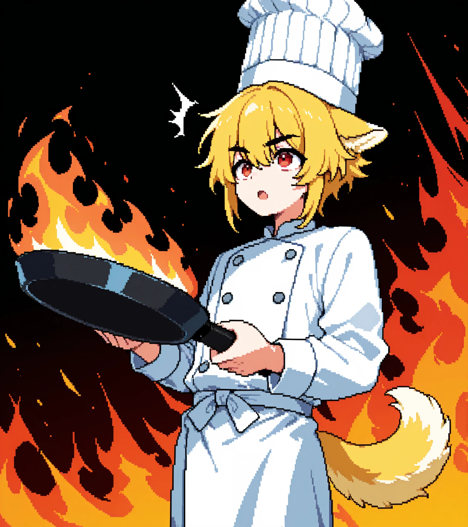 score_9, score_8_up, score_7_up, source_anime, solo, pixel art, kemonomimi, 1boy, solo BREAK
Dog ears and tail, yellow hair, short hair, red eyes, yellow ears, yellow tail BREAK
Chef, japanese clothes, white clothes, long sleeves, chef hat BREAK
Looking up, open mouth, holding frying pan, (fire background), abstract background, standing, cooking, surprised face, serious face, flying food