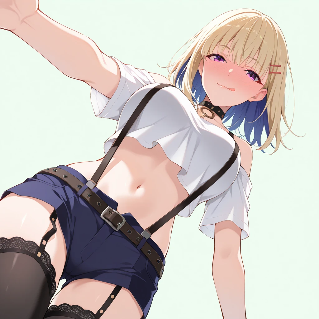 NSFW, 1girl,solo, thighhighs, blonde medium hair,dark blue inner hair,black suspenders,garter_straps, purple_eyes, hairclip,dark blue shorts,Black legwear with lace,looking_at_viewer, full-face_blush,white_shirt, crop_top,short_sleeves, off-shoulder_shirt,white belt, midriff, navel, seductivesmile,bangs, eyebrows_visible_through_hair, bare_shoulders, tongue_out, suspender_shorts,black_choker, sidelocks, o-ring, large breasts, Simple green background, {{{very aesthetic, best quality, intricate, extremely detailed CG, masterpiece,highest quality,high resolution, hyper-detailed, amazing quality, excellent,ultra-high resolution,hi-vision anime,parfect anatomy,well-proportioned eyes}}},reaching out,from below,naughty face,Seductive,Flirty,Licking