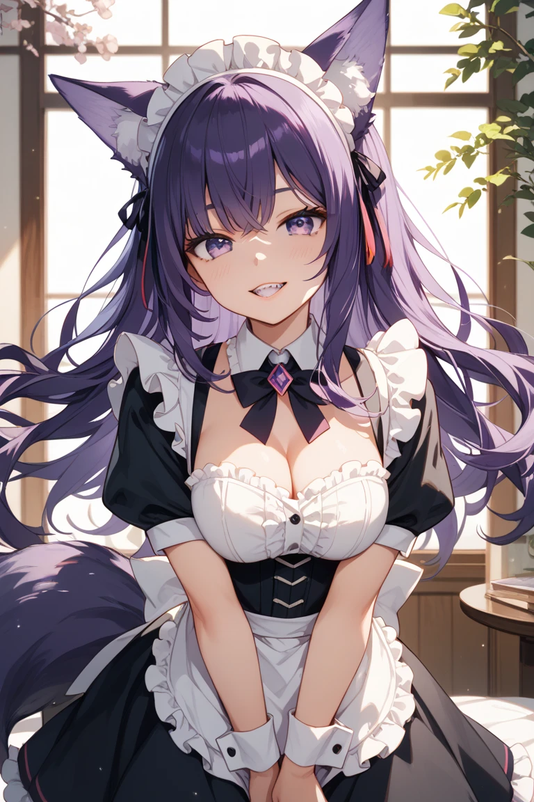 score_9,score_8_up,score_7_up,<lora:wariza_pony:1>,1girl,keqing_\(genshin_impact\),maid_headdress,solo,blush,cone_hair_bun,long_hair,purple_hair,twintails,medium_breasts,cleavage,enmaided,zettai_ryouiki,highres,black_choker,black_dress,black_gloves,cat_tail,closed_mouth,double_bun,frilled_dress,hair_between_eyes,looking_at_viewer,neck_bell,pink_eyes,simple_background,wariza,white_background,white_thighhighs,