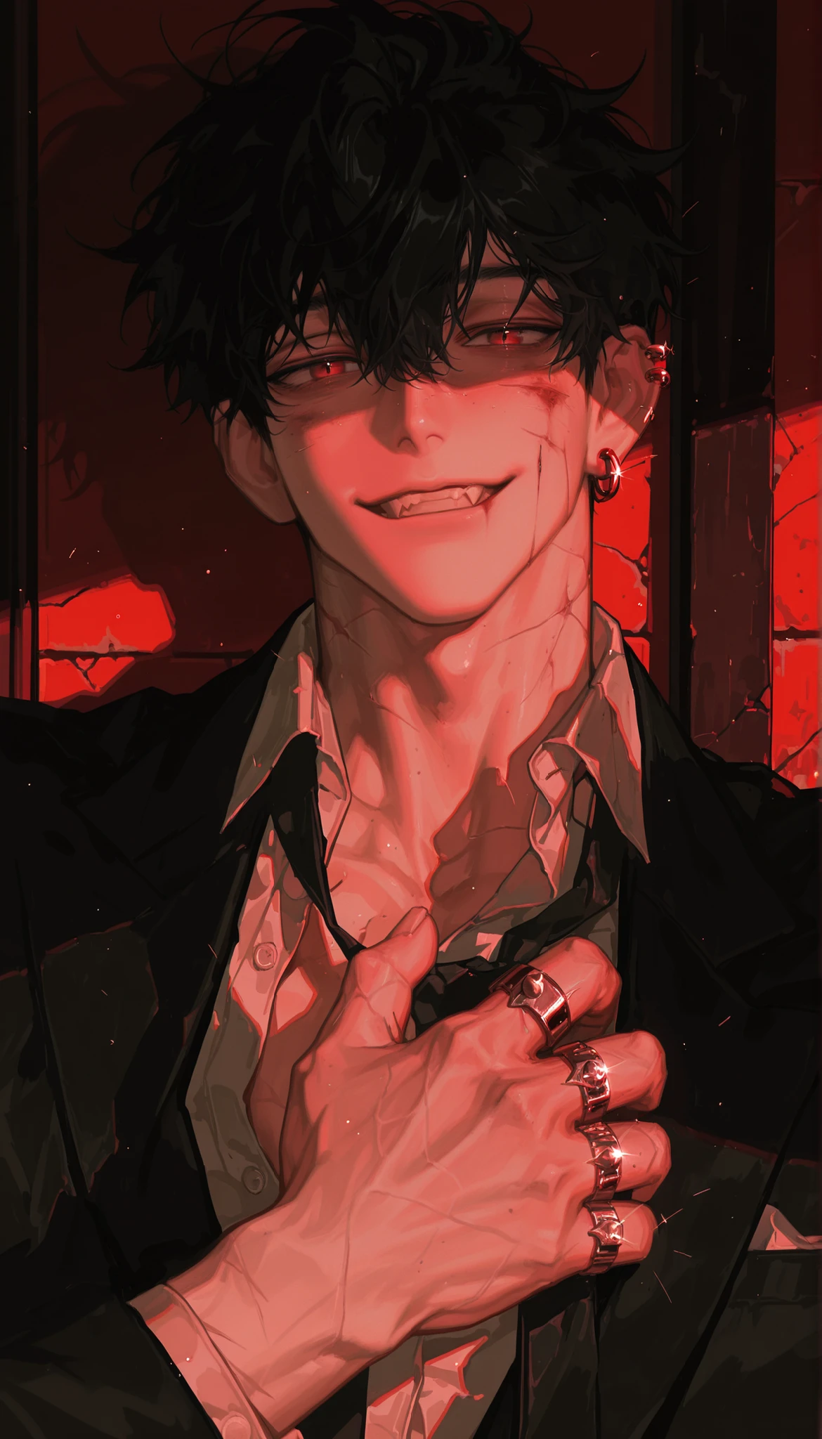 male, detailed brushwork, light-complexioned,masterpiece, best quality, very aesthetic, absurdres, safe, masterpiece, newest, absurdres, safe Solo, high detailed,male, Sexy male,Masculine male,Handsome Male,black hair, black eye, lots of earring,pierced ,handsome, provacative smile, sharp eyes, bruised knuckles, scarred face, dark lighting, gritty and raw atmosphere, the tip of the head, a black suit, look at viewer