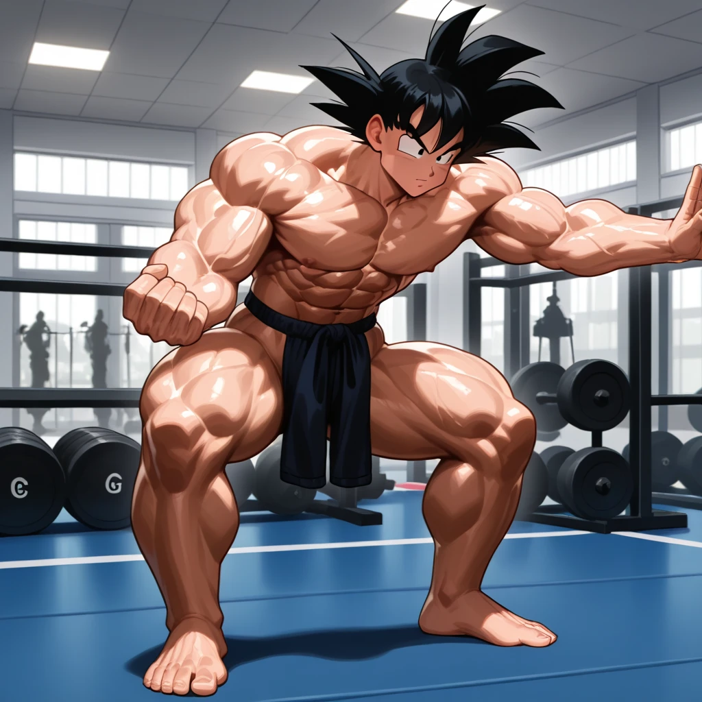 (Eine detaillierte Zeichnung von Son Goku, bodybuilding gym.), shirtless, barefoot, Muay Thai、catfight、Pro Wrestling、Steig in den Ring、Spurling (Spuren)、Cross counter、Kampfsport、Kommando Sambo、Position der Halterung、Gelenktechnik、Oberer Spinning-Kick