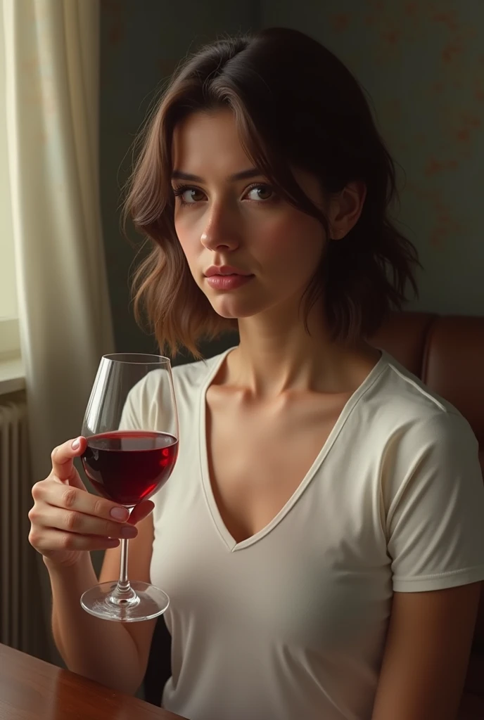 A young woman with a glamorous look, wearing a red dress, stands in a dimly lit restaurant, holding a glass of red wine. Her expression is soft, almost thoughtful, and the warm lighting casts a gentle glow on her face. The background is blurred, with the soft glow of fairy lights and the lush greenery of the restaurant decor.

[Digital painting, photorealistic], [Inspired by the works of Annie Leibovitz], [Lens: 50mm, Aperture: f/1.8, ISO: 100, Lighting: warm and inviting, Colors: rich and vibrant, Texture: smooth, Background: softly blurred, Rendering: high quality]