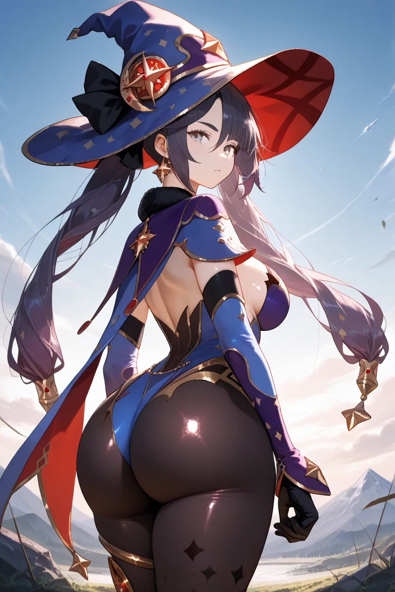 masterpiece, best quality, 1girl, (Tenshi Hinanawi:1.25), blue hair, long hair, black hat, peach hat ornament, red eyes, (Femdom, BDSM, Dominatrix:1.15), (Touhou:1.1), (adapted costume:1.2), (ass, behind, looking back:1.2), (cameltoe:1.15), (thighs:1.1), (all fours: 1.2), shortening, sexy, magnificent, small breasts, smug, sensual look, perfect face, intricate, [toned],  good anatomy, Boris Vallejo, Alphonse Mucha, Solo