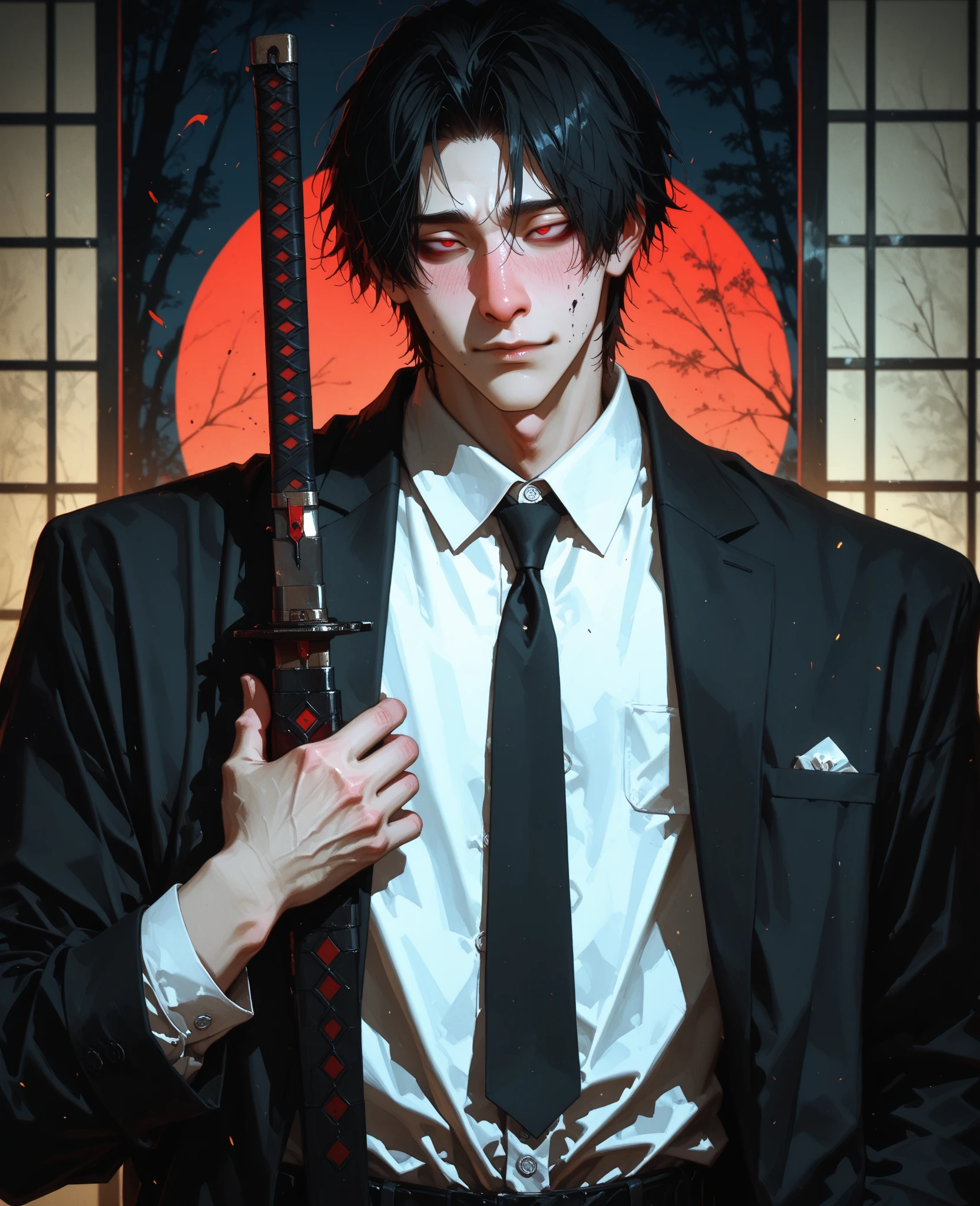 1boy, handsome, black hair, smoking cigarette, sitting in room, bandaged wrists,  bandaged face. scars around lower mouth, scars, bloody, serial killer, bloody, knife, blood everywhere.