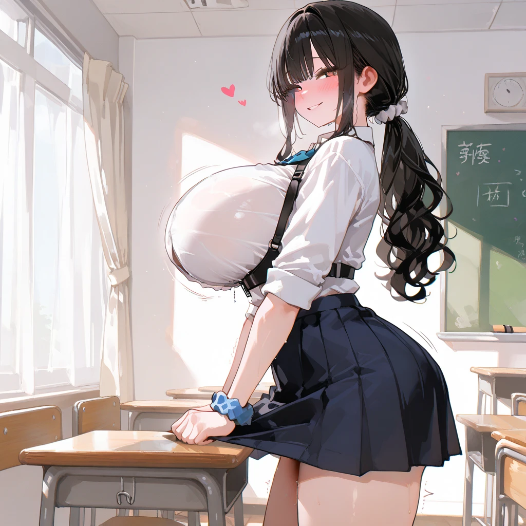 Girl, (long black hair, french-braid hairstyle), sexy body, black eyes, Indonesian high-school uniform, (neck tie, long white socks, white shoes), osis logo on shirt pocket, (huge breasts: 1.4), light-grey pleated skirt, full body shot, smiling, in the classroom, high quality, high resolution, very detailed, lifting skirt, full body, full body camera angle