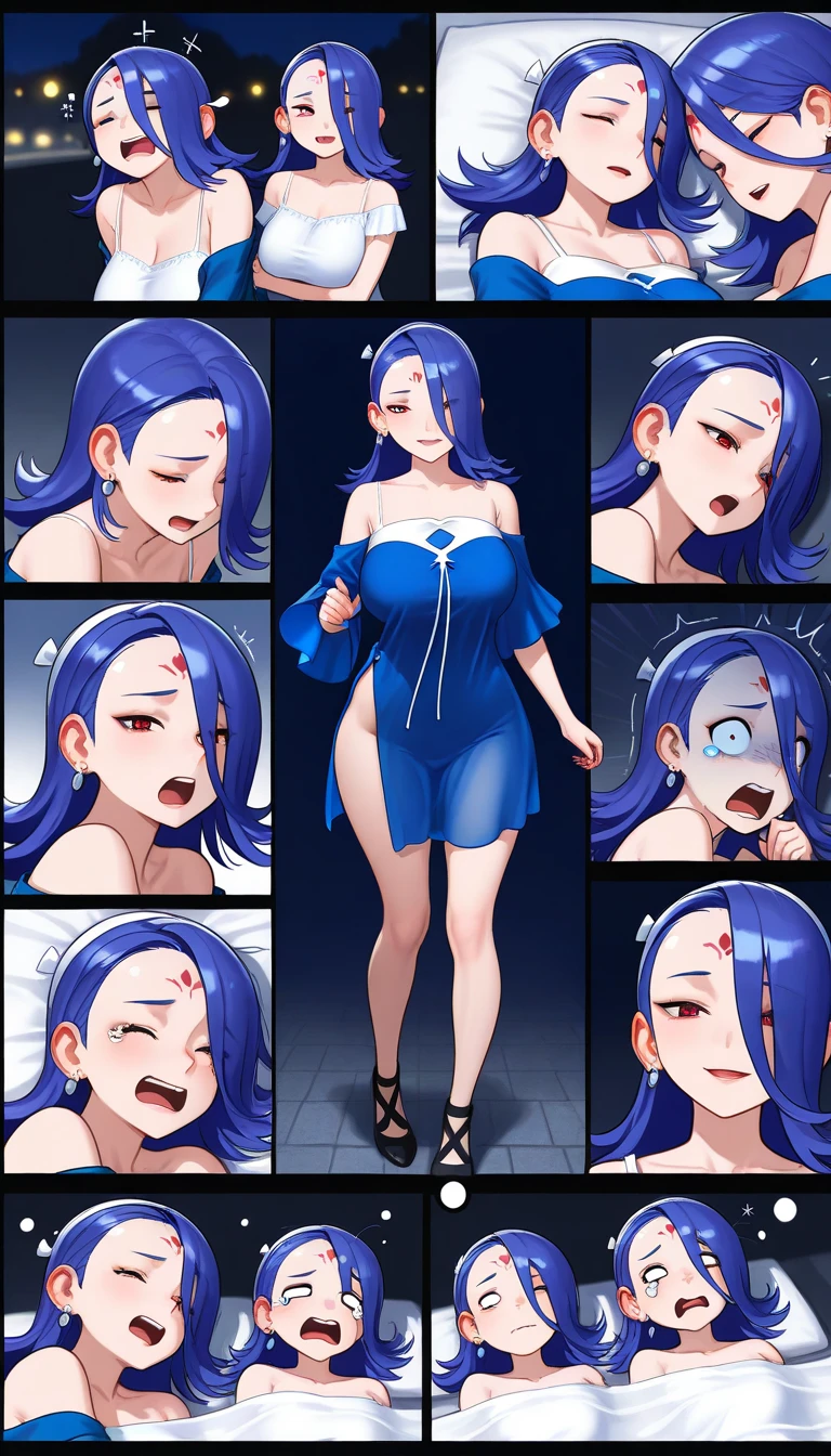 nsfw,lineup,Multiple,nude,(toes),frontview,crotch,straight-on,middle shot,bare shoulder,bare breasts,bare arms,barebreasts,big nipples,Transparent Pasties,stomach,bare legs,sidelocks,blue hair,purpleeyes,masterpiece,best quality,very aesthetic,absurdres,shiny,light,bigbreast,Covered nipples