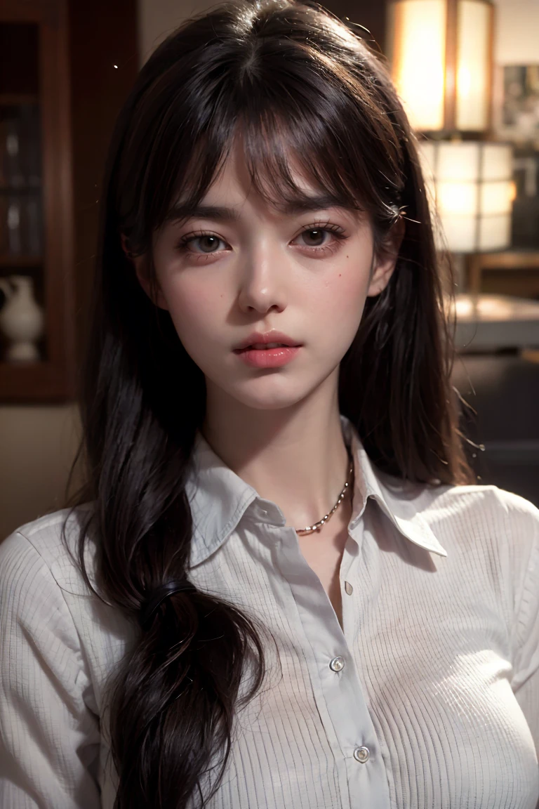 photorealistic, masterpiece, best quality, raw photo, 1girl, solo, long hair, brown hair, detailed face, alluring face, collared shirt, medium breasts, dynamic pose, looking at viewer, from below, detailed background, fine detailed, intricate detail, ray tracing, depth of field, low key, hdr