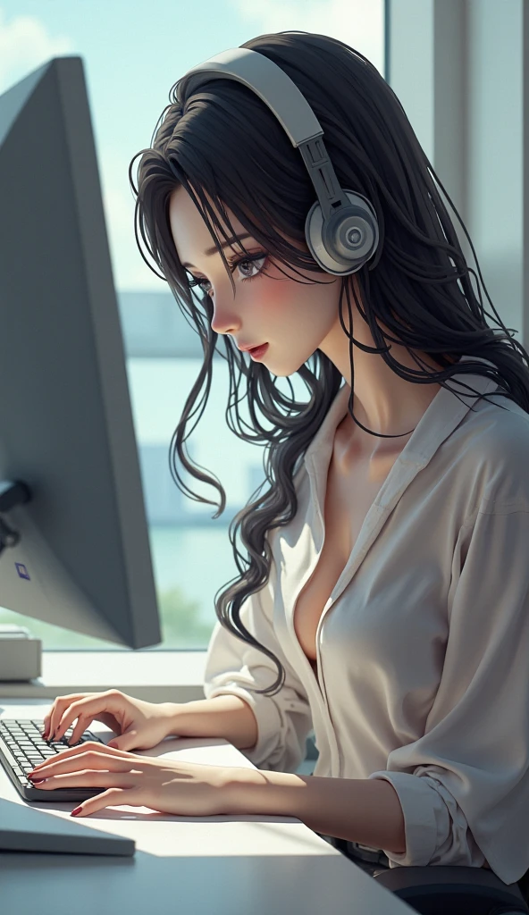 Create a high quality image, extreme detail, ultra definition, extreme realism, high quality lighting, 16k UHD, a girl, headphones, in front of a desk studying, (window with opaque glass), night, soft and warm ultra definition light, lofi style